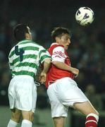 27 September 2002; Martin Russell of St. Patrick's Athletic in action against Terry Palmer of Shamrock Rovers during the eircom League Premier Division match between St. Patrick's Athletic and Shamrock Rovers at Richmond Park in Dublin. Photo by Damien Eagers/Sportsfile
