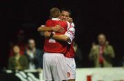 27 September 2002; Gerard McCarthy of St. Patrick's Athletic celebrates with team-mate Trevor Croly after scoring his side's equalising goal during the eircom League Premier Division match between St. Patrick's Athletic and Shamrock Rovers at Richmond Park in Dublin. Photo by Damien Eagers/Sportsfile