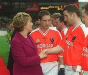22 September 2002; Armagh captain Kieran McGeeney, centre, introduces Paul McGrane, right, to Mary McAleese, President of Ireland, prior to the GAA Football All-Ireland Senior Championship Final match between Armagh and Kerry at Croke Park in Dublin. Photo by Damien Eagers/Sportsfile