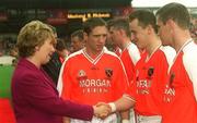 22 September 2002; Armagh captain Kieran McGeeney, left, introduces Paul McGrane, centre, and Paddy McKeever to Mary McAleese, President of Ireland, prior to the GAA Football All-Ireland Senior Championship Final match between Armagh and Kerry at Croke Park in Dublin. Photo by Damien Eagers/Sportsfile