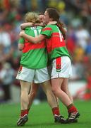 29 September 2002; Mayo's Emma Mullin, 11, Marcella Heffernan, 14, and Paula Fitzgerald celebrate at the final whistle of the All-Ireland Senior Ladies Football Championship Final match between Monaghan and Mayo at Croke Park in Dublin. Photo by Ray McManus/Sportsfile
