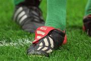 28 September 2002; The right boot of Ronan O'Gara of Ireland  with his initials inscribed on the tongue during the Rugby World Cup 2003 Qualifier match between Ireland and Georgia at Lansdowne Road in Dublin. Photo by Brendan Moran/Sportsfile