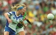 29 September 2002; Aisling Tierney of Monaghan is tackled by Nuala O'Shea of Mayo during the All-Ireland Senior Ladies Football Championship Final match between Monaghan and Mayo at Croke Park in Dublin. Photo by Ray McManus/Sportsfile