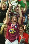 29 September 2002; Galway captain Marie O'Connell lifts the cup following the All-Ireland Ladies Junior Football Championship Final match between Galway and Donegal at Croke Park in Dublin. Photo by Pat Murphy/Sportsfile