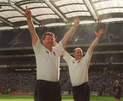 29 September 2002; Galway manager Con Moynihan, left, and assistant manager John Honley celebrates at the final whistle of the All-Ireland Ladies Junior Football Championship Final match between Galway and Donegal at Croke Park in Dublin. Photo by Pat Murphy/Sportsfile