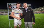 22 September 2017; Manus Rogan, representing Guinness, presents the Guinness Man Of The Match Award to Nick Timoney after the Guinness PRO14 Round 4 clash between Ulster and Dragons at Kingspan Stadium in Belfast. Photo by John Dickson/Sportsfile