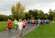 23 September 2017; parkrun Ireland in partnership with Vhi, added their 68th event on Saturday, September 23rd, with the introduction of the Corkagh parkrun. parkruns take place over a 5km course weekly, are free to enter and are open to all ages and abilities, providing a fun and safe environment to enjoy exercise. To register for a parkrun near you visit www.parkrun.ie. New registrants should select their chosen event as their home location. You will then receive a personal barcode which acts as your free entry to any parkrun event worldwide. Pictured are runners at the start of the parkrun at Corkagh Park, Corkagh Demesne, Clondalkin, in Dublin. Photo by Piaras Ó Mídheach/Sportsfile