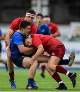 23 September 2017; Diarmuid Egan of Leinster is tackled by Jamie Shanahan of Munster during the under18 clubs interprovincial match between Leinster and Munster at Donnybrook Stadium in Dublin. Photo by Ramsey Cardy/Sportsfile