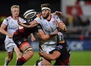 22 September 2017; Stuart McCloskey of Ulster is tackled by Dorian Jones and Ollie Griffiths of Dragons during the Guinness PRO14 Round 4 match between Ulster and Dragons at Kingspan Stadium in Belfast. Photo by Oliver McVeigh/Sportsfile
