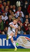 22 September 2017; Peter Nelson of Ulster kicking a conversion during the Guinness PRO14 Round 4 match between Ulster and Dragons at Kingspan Stadium in Belfast. Photo by Oliver McVeigh/Sportsfile