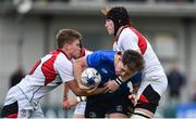 23 September 2017; Mick O’Gara of Leinster is tackled by Thomas Armstrong, left, and Ryan O’Neill of Ulster during the under 18 schools interprovincial match between Leinster and Ulster at Donnybrook Stadium Dublin. Photo by Ramsey Cardy/Sportsfile