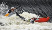 23 September 2017; Edgar Lahoz falls from the canoe he shares with parnter Yianni Kalogerakis during the 58th International Liffey Descent on the River Liffey at Lucan Weir in Lucan, Co Dublin. Photo by Cody Glenn/Sportsfile