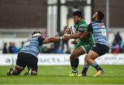 23 September 2017; Bundee Aki of Connacht is tackled by Nick Williams, left, and Willis Halaholo of Cardiff during the Guinness PRO14 Round 4 match between Connacht and Cardiff Blues at The Sportsground in Galway. Photo by Diarmuid Greene/Sportsfile