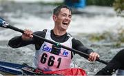 23 September 2017; Jonathan Simmons celebrates after he and partner Barry Wakins successfully navigated the falls during the 58th International Liffey Descent on the River Liffey at Lucan Weir in Lucan, Co Dublin. Photo by Cody Glenn/Sportsfile