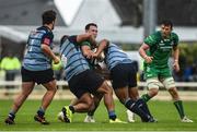 23 September 2017; Denis Buckley of Connacht is tackled by Nick Williams, left, and Taufa'ao Filise of Cardiff during the Guinness PRO14 Round 4 match between Connacht and Cardiff Blues at The Sportsground in Galway. Photo by Diarmuid Greene/Sportsfile