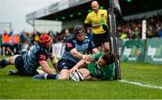 23 September 2017; Tom Farrell of Connacht scores a try despite the efforts of Rhun Williams and Seb Davies of Cardiff which was subsequently disallowed during the Guinness PRO14 Round 4 match between Connacht and Cardiff Blues at The Sportsground in Galway. Photo by Diarmuid Greene/Sportsfile