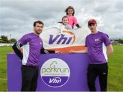 23 September 2017; Former Donegal GAA footballer, Eamon and current Donegal GAA player Jason McGee pictured along with 6 year olds Nicole O'Donnell and Kadience Friel at the Falcarragh parkrun where Vhi hosted a special event to celebrate their partnership with parkrun Ireland.  Eamon was on hand to lead the warm up for parkrun participants before completing the 5km course alongside newcomers and seasoned parkrunners alike. Vhi provided walkers, joggers, runners and volunteers at Falcarragh parkrun with a variety of refreshments in the Vhi Relaxation Area at the finish line. A qualified physiotherapist was also available to guide participants through a post event stretching routine to ease those aching muscles.  parkruns take place over a 5km course weekly, are free to enter and are open to all ages and abilities, providing a fun and safe environment to enjoy exercise. To register for a parkrun near you visit www.parkrun.ie. New registrants should select their chosen event as their home location. You will then receive a personal barcode which acts as your free entry to any parkrun event worldwide. Photo by Oliver McVeigh/Sportsfile