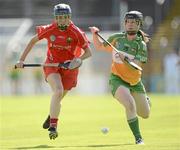 7 July 2012; Jenny Duffy, Cork, in action against Arlene Watkins, Offaly. All-Ireland Senior Camogie Championship, in association with RTÉ Sport, Round Three, Cork v Offaly, Pairc Ui Chaoimh, Cork. Picture credit: Stephen McCarthy / SPORTSFILE