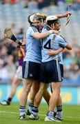 8 July 2012; Dublin's Cian Boland,14, Paul Winters and James Roche celebrate after the final whistle. Electric Ireland Leinster GAA Hurling Minor Championship Final, Dublin v Wexford, Croke Park, Dublin. Picture credit: Matt Browne / SPORTSFILE