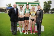 8 July 2012; Ray Colman, Chief Executive, Woodie's DIY, left, and President of Athletics Ireland, Ciaran O'Cathain, right, with medallists in the Womens 400m Hurdles Final, third place finisher Nessa Millet, second left, St.Abbans A.C, Co.Laois, winner Jessie Barr, centre, Ferrybank A.C, Co.Waterford, and second place finisher Jessica Neville, Leevale A.C, Co.Cork. Woodie’s DIY Senior Track and Field Championships of Ireland, Morton Stadium, Santry, Dublin. Picture credit: Tomas Greally / SPORTSFILE