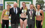 8 July 2012; Medallists in the Women's 400m, from left, bronze medallist Michelle Carey, Dublin Striders AC, gold medallist Joanne Cuddihy, Kilkenny City Harriers AC, and silver medallist Marian Heffernan, Togher AC, Cork, are presented with their medals by Ray Colman, 2nd left, Chief Executive, Woodie's DIY, and Professor Ciarán Ó Catháin, President, Athletics Ireland. Woodie’s DIY Senior Track and Field Championships of Ireland, Morton Stadium, Santry, Dublin. Picture credit: Brendan Moran / SPORTSFILE