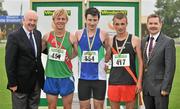 8 July 2012; Medallists in the Men's Junior 3000m, from left, bronze medallist David Harper, Westport AC, Co. Mayo, gold medallist Stephen Kerr, Armagh AC, and silver medallist Aaron Hanlon, Clonliffe Harriers AC, Dublin, are presented with their medals by Ray Colman, left, Chief Executive, Woodies DIY and Professor Ciarán Ó Catháin, President, Athletics Ireland. Woodie’s DIY Senior Track and Field Championships of Ireland, Morton Stadium, Santry, Dublin. Picture credit: Brendan Moran / SPORTSFILE