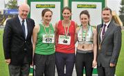 8 July 2012; Medallists in the Women's Triple Jump, from left, bronze medallist Fiona Hill, Newbridge AC, Kildare, gold medallist Mary McCloone, Tir Chonaill AC, Donegal, and silver medallist Sarah Buggy, St Abban's AC, Laois, are presented with their medals by Ray Colman, left, Chief Executive, Woodie's DIY, and Professor Ciarán Ó Catháin, President, Athletics Ireland. Woodie’s DIY Senior Track and Field Championships of Ireland, Morton Stadium, Santry, Dublin. Picture credit: Brendan Moran / SPORTSFILE