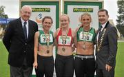 8 July 2012; Medallists in the Women's 100m, from left, bronze medallist Niamh Whelan, Ferrybank AC, Waterford, gold medallist Amy Foster, City of Lisburn AC, Antrim, and silver medallist Kelly Proper, Ferrybank AC, Waterford, are presented with their medals by Ray Colman, left, Chief Executive, Woodie's DIY, and Professor Ciarán Ó Catháin, President, Athletics Ireland. Woodie’s DIY Senior Track and Field Championships of Ireland, Morton Stadium, Santry, Dublin. Picture credit: Brendan Moran / SPORTSFILE