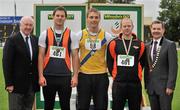8 July 2012; Medallists in the Men's Javelin, from left, bronze medallist Adam Rice, Sli Cualainn AC, Wicklow, gold medallist Matthew Martin, North Down, and silver medallist Aaron Crawford, Strabane AC, Tyrone, are presented with their medals by Ray Colman, left, Chief Executive, Woodie's DIY, and Professor Ciarán Ó Catháin, President, Athletics Ireland. Woodie’s DIY Senior Track and Field Championships of Ireland, Morton Stadium, Santry, Dublin. Picture credit: Brendan Moran / SPORTSFILE