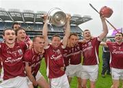 8 July 2012; Galway players, from left, Johnny Coen, Joseph Cooney, Jonathan Glynn, Damien Hayes, Niall Burke, Andy Smith, Joe Canning, and Niall Donoghue celebrate with the Bob O'Keeffe cup after the match. Leinster GAA Hurling Senior Championship Final, Kilkenny v Galway, Croke Park, Dublin. Picture credit: Brian Lawless / SPORTSFILE