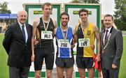 8 July 2012; Medallists in the Men's 1500m, from left, bronze medallist Darren McBrearty, Letterkenny AC, Donegal, gold medallist Colin Costello, Star of the Sea AC, Bettystown, Co. Meath, and silver medallist  Eoin Everard, Kilkenny City Harriers AC, are presented with their medals by Ray Colman, left, Chief Executive, Woodies DIY and Professor Ciarán Ó Catháin, President, Athletics Ireland. Woodie’s DIY Senior Track and Field Championships of Ireland, Morton Stadium, Santry, Dublin. Picture credit: Brendan Moran / SPORTSFILE