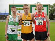 8 July 2012; Medallists in the Mens 5000m Final, from left bronze medallist David Rooney, Raheny Shamrock A.C, gold medallist Mark Hanrahan, Leevale A.C, Co. Cork, and silver medallist Dan Mulhare, Portlaoise A.C, Co. Laois. Woodie’s DIY Senior Track and Field Championships of Ireland, Morton Stadium, Santry, Dublin. Picture credit: Tomas Greally / SPORTSFILE