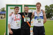 8 July 2012; Medallists in Mens Pole Vault event joint silver medallist, Ruairi O'Briain, left, Crusaders A.C, Dublin, and Thomas Houlihan, right, West Waterford A.C, with gold medallist David Donegan, centre, Clonliffe Harriers A.C, Dublin. Woodie’s DIY Senior Track and Field Championships of Ireland, Morton Stadium, Santry, Dublin. Picture credit: Tomas Greally / SPORTSFILE