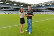 10 July 2012; Sligo footballer Adrian Marren is presented with his GAA / GPA Player of the Month Award, sponsored by Opel, for June by Emma O'Carroll, Marketing Assistant Opel Ireland. Croke Park, Dublin. Picture credit: Barry Cregg / SPORTSFILE