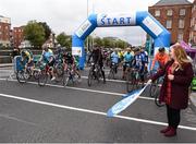 24 September 2017; Cllr. Janice Boylan was on hand in Smithfield, to officially start the biggest cycling event of its kind to take place in Dublin. The Great Dublin Bike Ride is an initiative from Sport Ireland who work in conjunction with Dublin City Council, Healthy Ireland, Fingal County Council and Cycling Ireland.The Great Dublin Bike Ride was a flagship event in Ireland for the European Week of Sport (23 - 30 September) and encourages everyone to #BeActive. The Gardaí, Luas, Dublin Bus and Civil Defence worked hard with the various city and county councils to ensure the safety and enjoyment of participants on the day. Pictured is Cllr. Janice Boylan as she waves the flag to start the event, at The Great Dublin Bike Ride 2017, Aran Quays, in Dublin. Photo by Seb Daly/Sportsfile