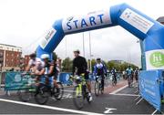 24 September 2017; Cllr. Janice Boylan was on hand in Smithfield, to officially start the biggest cycling event of its kind to take place in Dublin. The Great Dublin Bike Ride is an initiative from Sport Ireland who work in conjunction with Dublin City Council, Healthy Ireland, Fingal County Council and Cycling Ireland.The Great Dublin Bike Ride was a flagship event in Ireland for the European Week of Sport (23 - 30 September) and encourages everyone to #BeActive. The Gardaí, Luas, Dublin Bus and Civil Defence worked hard with the various city and county councils to ensure the safety and enjoyment of participants on the day. Pictured a general view of the start of the race, at The Great Dublin Bike Ride 2017, Aran Quays, in Dublin. Photo by Seb Daly/Sportsfile