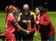 23 September 2017; Frances Smith, FAI Women's Football Committee vice-chairperson, in the company of Tom Dennigan, General Manager, Continental Tyres Ireland, presents a medal to Niamh Prior of Shelbourne Ladies following the Continental Tyres Women's National League Cup Final match between Peamount United and Shelbourne Ladies at Greenogue in Dublin. Photo by Stephen McCarthy/Sportsfile