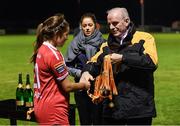 23 September 2017; Tom Dennigan, General Manager, Continental Tyres Ireland, presents a medal to Sophie Watters of Shelbourne Ladies following the Continental Tyres Women's National League Cup Final match between Peamount United and Shelbourne Ladies at Greenogue in Dublin. Photo by Stephen McCarthy/Sportsfile
