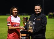 23 September 2017; Gloria Douglas of Shelbourne Ladies is presented with the Player of the Match award by Darren Donohue, Advance Pitstop Operations Manager, during the Continental Tyres Women's National League Cup Final match between Peamount United and Shelbourne Ladies at Greenogue in Dublin. Photo by Stephen McCarthy/Sportsfile