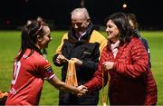 23 September 2017; Frances Smith, FAI Women's Football Committee vice-chairperson, in the company of Tom Dennigan, General Manager, Continental Tyres Ireland, presents a medal to Roma McLoughlin of Shelbourne Ladies following the Continental Tyres Women's National League Cup Final match between Peamount United and Shelbourne Ladies at Greenogue in Dublin. Photo by Stephen McCarthy/Sportsfile