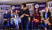 23 September 2017; MC Gráinne McElwain in attendance during Women in Sport: the Challenges and Opportunities discussion panel. Women in Sport: The Challenges and Opportunities TG4 in partnership with Sport for Business, hosted a panel discussion entitled Women in Sport, the Challenges and Opportunities. The panel discussion took place at the Croke Park Hotel on Saturday September 23rd. The chairperson on the night was Gráinne McElwain and the panellists were: Irish Rugby Legend Lindsay Peat, All-Ireland Ladies Football winner Valerie Mulcahy, World and Europe Boxing medallist Kellie Harrington, and Champion Jockey Rachael Blackmore. The Croke Park Hotel in Dublin. Photo by Piaras Ó Mídheach/Sportsfile