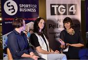 23 September 2017; Attendees, from left, Irish Rugby Legend Lindsay Peat, Champion Jockey Rachael Blackmore and MC Gráinne McElwain in attendance during Women in Sport: the Challenges and Opportunities discussion panel. Women in Sport: The Challenges and Opportunities TG4 in partnership with Sport for Business, hosted a panel discussion entitled Women in Sport, the Challenges and Opportunities. The panel discussion took place at the Croke Park Hotel on Saturday September 23rd. The chairperson on the night was Gráinne McElwain and the panellists were: Irish Rugby Legend Lindsay Peat, All-Ireland Ladies Football winner Valerie Mulcahy, World and Europe Boxing medallist Kellie Harrington, and Champion Jockey Rachael Blackmore. The Croke Park Hotel in Dublin. Photo by Piaras Ó Mídheach/Sportsfile