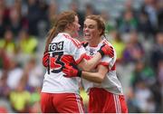 24 September 2017; Ciara McGurk of Derry, right, celebrates after scoring her side's first goal with team-mate Annie Crozier during the TG4 Ladies Football All-Ireland Junior Championship Final match between Derry and Fermanagh at Croke Park in Dublin. Photo by Cody Glenn/Sportsfile