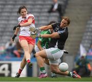24 September 2017; Megan Devine of Derry scores her side's second goal despite the best efforts of Courtney Murphy and goalkeeper Róisín Gleeson of Fermanagh during the TG4 Ladies Football All-Ireland Junior Championship Final match between Derry and Fermanagh at Croke Park in Dublin. Photo by Brendan Moran/Sportsfile