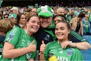 24 September 2017; Nuala McManus of Fermanagh, left, and team-mate Naomi McManus with supporters following the TG4 Ladies Football All-Ireland Junior Championship Final match between Derry and Fermanagh at Croke Park in Dublin. Photo by Cody Glenn/Sportsfile