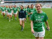 24 September 2017; Sharon Murphy of Fermanagh, who scored the game-tying goal from the penalty mark, and her team-mates walk off the pitch following the TG4 Ladies Football All-Ireland Junior Championship Final match between Derry and Fermanagh at Croke Park in Dublin. Photo by Cody Glenn/Sportsfile
