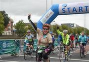 24 September 2017; Cllr. Janice Boylan was on hand in Smithfield, to officially start the biggest cycling event of its kind to take place in Dublin. The Great Dublin Bike Ride is an initiative from Sport Ireland who work in conjunction with Dublin City Council, Healthy Ireland, Fingal County Council and Cycling Ireland. The Great Dublin Bike Ride was a flagship event in Ireland for the European Week of Sport (23 - 30 September) and encourages everyone to #BeActive. The Gardaí, Luas, Dublin Bus and Civil Defence worked hard with the various city and county councils to ensure the safety and enjoyment of participants on the day. Pictured are riders as they start The Great Dublin Bike Ride 2017 on Aran Quays, in Dublin. Photo by Seb Daly/Sportsfile