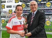 24 September 2017; Emma Doherty of Derry is presented with the TG4 Player of the Match by Pádhraic Ó Ciardha, TG4, after the TG4 Ladies Football All-Ireland Junior Championship Final match between Derry and Fermanagh at Croke Park in Dublin. Photo by Brendan Moran/Sportsfile