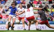 24 September 2017; Gillian O'Brien of Tipperary has a shot on goal only to be blocked by Tyrone goalkeeper Shannon Lynch during the TG4 Ladies Football All-Ireland Intermediate Championship Final match between Tipperary and Tyrone at Croke Park in Dublin. Photo by Cody Glenn/Sportsfile