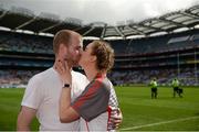 24 September 2017; Derry's Ciara McGurk kisses her boyfriend Ryan McCloskey after he proposed to her following the TG4 Ladies Football All-Ireland Junior Championship Final match between Derry and Fermanagh at Croke Park in Dublin. Photo by Cody Glenn/Sportsfile